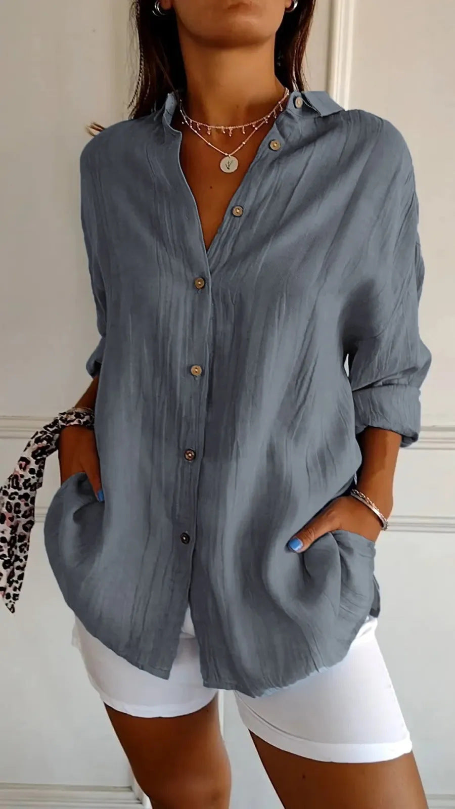 Chemise Col Rabattu à Manches Longues