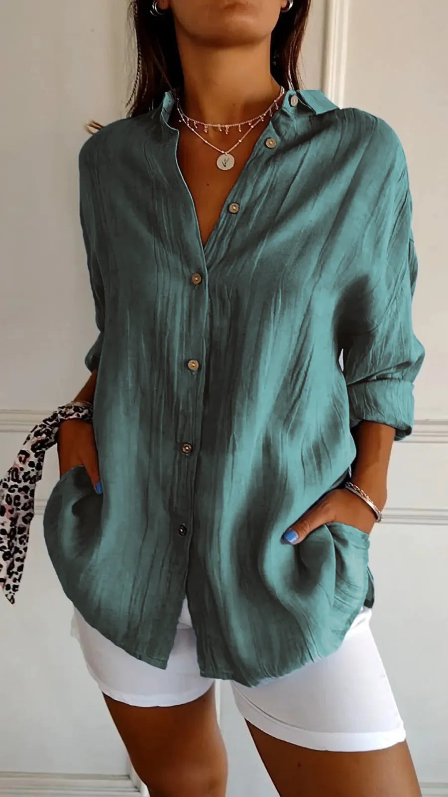 Chemise Col Rabattu à Manches Longues