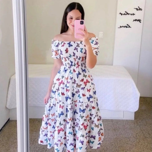 Robe Midi Élégante - Épaules Nues, Imprimé Floral