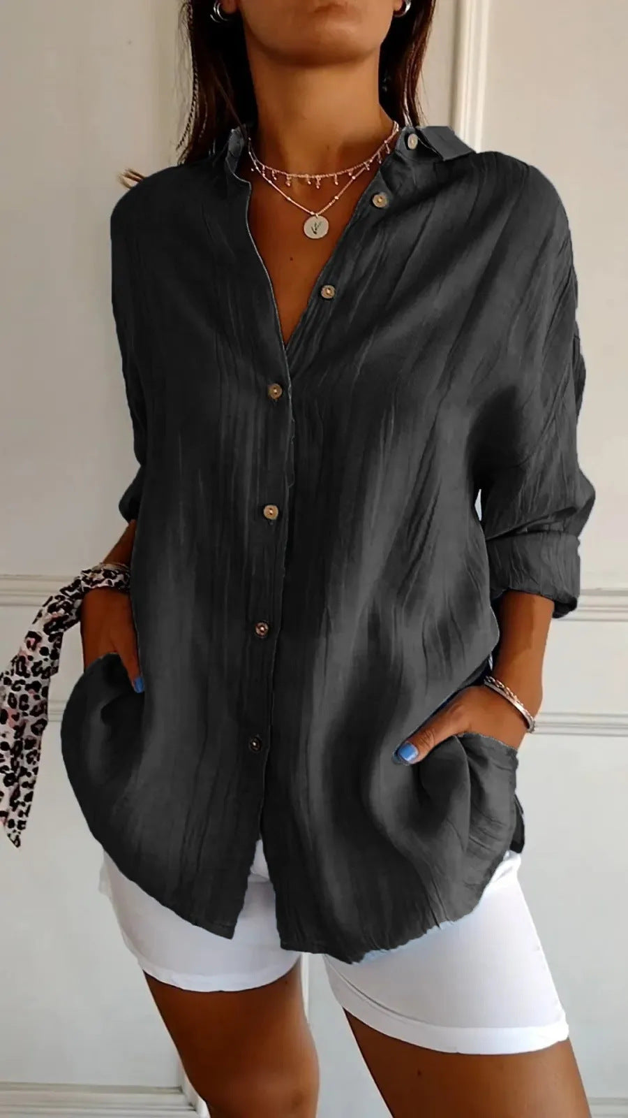 Chemise Col Rabattu à Manches Longues