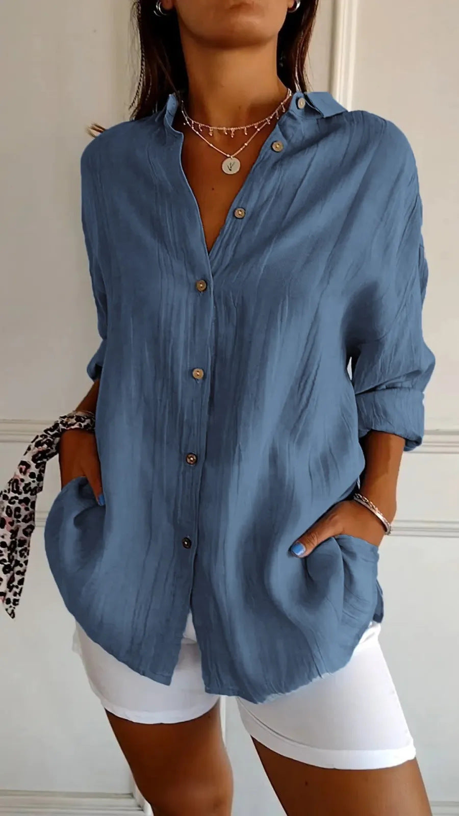 Chemise Col Rabattu à Manches Longues